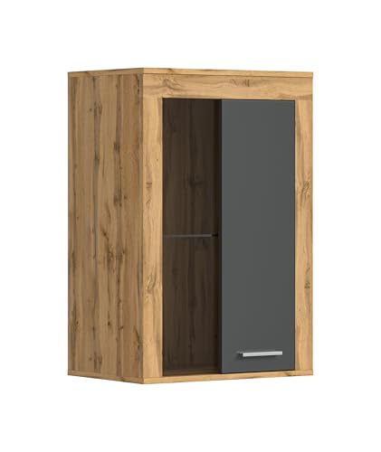 xonox.home Wohnzimmer Jam Vitrine Glasvitrine Dekoschrank Glas-Kommode Stauraumschrank Hängevitrine Standvitrine in Front grau Nb. Korpus/Absetzung Wotan Eiche Nb., ca.60x86x35 cm von xonox.home