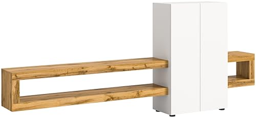 xonox.home Wohnzimmer Samba Wohnwand TV-Möbel Wohnkombination Wohnzimmermöbel Wohnzimmerschrank Möbelkombination Wohnzimmerset in weiß melamin Abs. Wotan Eiche ca. 270x112x35cm von xonox.home