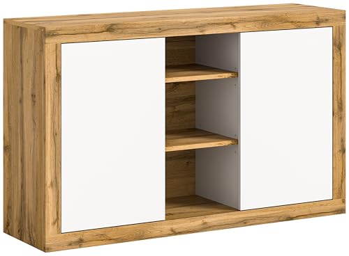 xonox.home Wohnzimmer Tango Sideboard Kommode Anrichte Stauraumschrank in Front weiß melamin Korpus/Absetzung Wotan Eiche melamin, ca. 130x80x37cm Push to Open von xonox.home