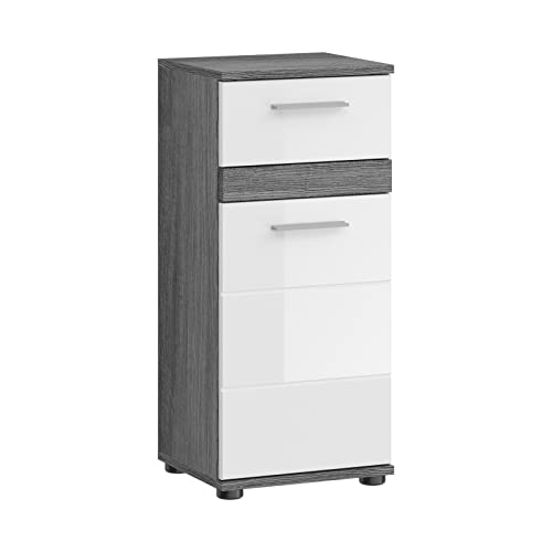 xonox.home Badezimmer Blake Kommode Schrank Standschrank schmaler Badezimmerschrank Badschrank schmal in Front weiß Hochglanz Korpus rauchsilber Nb.ca. 35x79x31 cm von xonox.home