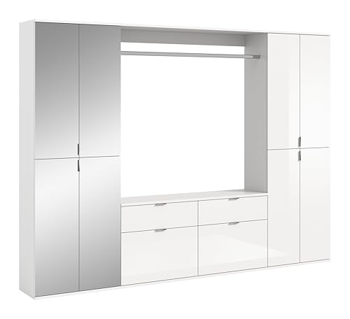 xonox.home Systemmöbel Projekt X 4tlg. Kombination Garderobe Ankleidezimmer Schranklösung Büro Ordnungssystemin Front weiß Hochglanz/Spiegel Korpus weiß Nb., ca. 243x193x34cm von xonox.home