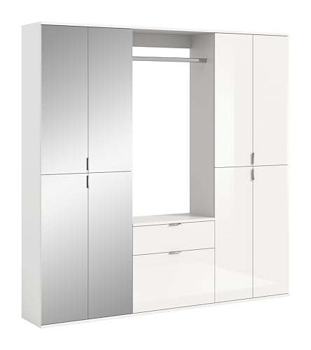 xonox.home Systemmöbel Projekt X 4tlg. Kombination Garderobe Ankleidezimmer Schranklösung Büro Ordnungssystem in Front weiß Hochglanz/Spiegel Korpus weiß Nb., ca. 183x193x34 cm von xonox.home