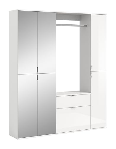 xonox.home Systemmöbel Projekt X 4tlg.Kombination Garderobe Ankleidezimmer Schranklösung Büro Ordnungssystem in Front weiß Hochglanz/Spiegel Korpus weiß Nb., ca. 152x193x34 cm von xonox.home