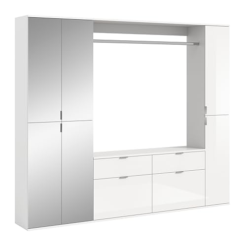 xonox.home - 3tlg. Kombination Projekt X 212x193x34 cm in Front weiß Hochglanz/Spiegel Korpus weiß Nb - Garderobe Ankleidezimmer Schranklösung Büro Ordnungssystem - vielseitig und modern von xonox.home