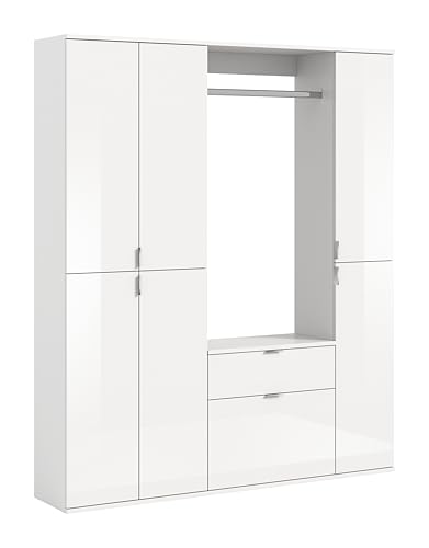 xonox.home Systemmöbel Projekt X 4tlg. Kombination Garderobe Ankleidezimmer Schranklösung Büro Ordnungssystem in Front weiß Hochglanz Korpus weiß Nb., ca.152x193x34cm von xonox.home
