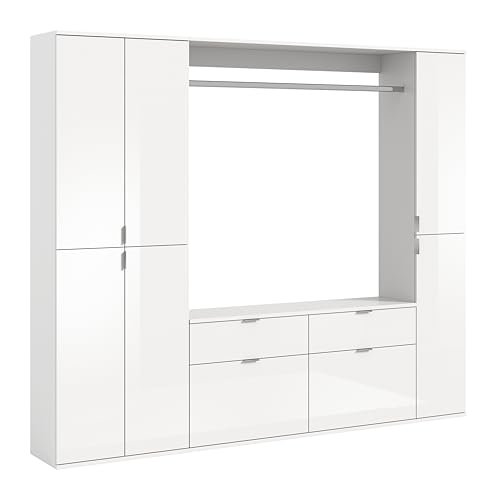 xonox.home Systemmöbel Projekt X 4tlg. Kombination Garderobe Ankleidezimmer Schranklösung Büro Ordnungssystem in Front weiß Hochglanz Korpus weiß Nb., ca.212x193x34cm von xonox.home