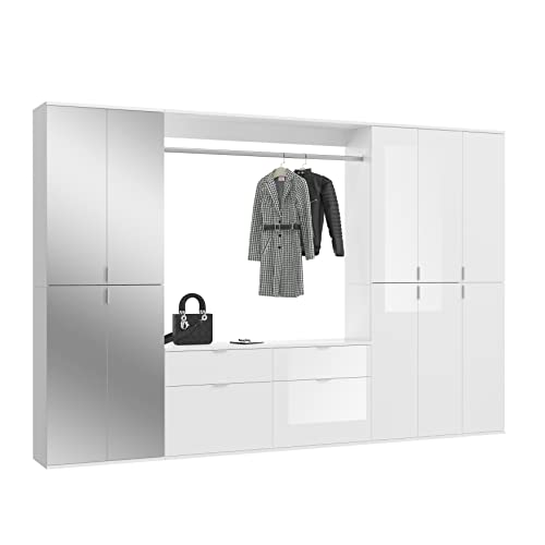 xonox.home Systemmöbel Projekt X 4tlg. Kombination Garderobe Ankleidezimmer Schranklösung Büro Ordnungssystem in Front weiß Hochglanz/Spiegel Korpus weiß Nb., ca.273x193x34cm von xonox.home