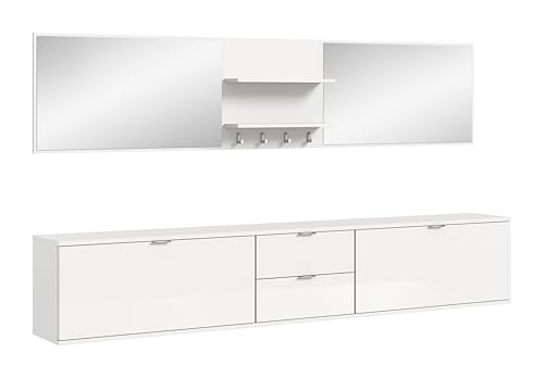 xonox.home Systemmöbel Projekt X 6tlg. Kombination Garderobe Ankleidezimmer Schranklösung Büro Ordnungssystem in Front weiß Hochglanz/Spiegel Korpus weiß Nb., ca.236x191x37 cm von xonox.home