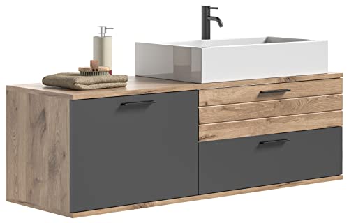 xonox.home - Waschtisch Mason 136x47x48 cm in Front Basalt grau Nb Korpus Nox Oak Nb inkl. Waschbecken - Waschbeckenunterschrank Waschtischunterschrank hängend - modern und funktional von xonox.home