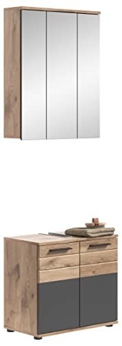 xonox.home Badezimmer Mason 2tlg. Kombination Badmöbel Set kleine Bäder Komplettprogramm Bademöbel-Set in Basalt grau Nb.,Nox Oak Nb.Waschbeckenunterschrank Spiegelschrank inkl. Beleuchtung von xonox.home