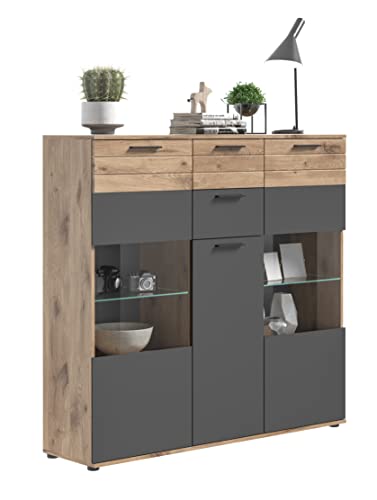xonox.home X12B8T05 Mason Highboard, Vitrine, Kommode, Grau Holzwerkstoff Glas 140 x 134 x 37 von xonox.home