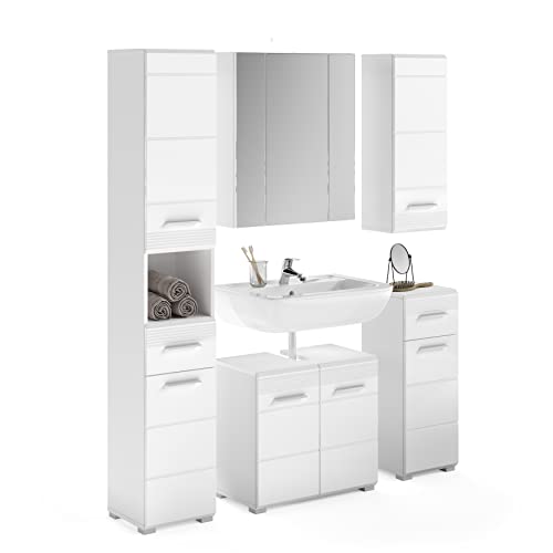 xonox.home Badezimmer Linus 5tlg. Kombination Badmöbel Set kleine Bäder Komplettprogramm Bademöbel-Set in Front weiß Hochglanz Tiefzieh,Korpus weiß von xonox.home