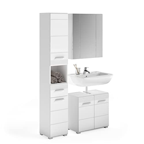 xonox.home Badezimmer Linus 3tlg. Kombination Badmöbel Set kleine Bäder Komplettprogramm Bademöbel-Set in Front weiß Hochglanz Tiefzieh,Korpus weiß von xonox.home