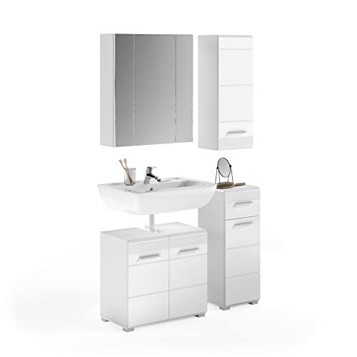 xonox.home Badezimmer Linus 4tlg. Kombination Badmöbel Set kleine Bäder Komplettprogramm Bademöbel-Set in Front weiß Hochglanz Tiefzieh,Korpus weiß von xonox.home