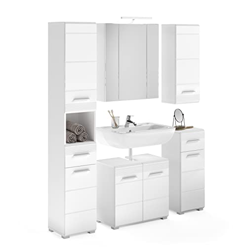 xonox.home Badezimmer Linus 5tlg. Kombination Badmöbel Set kleine Bäder Komplettprogramm Bademöbel-Set in Front weiß Hochglanz Tiefzieh,Korpus weiß inklusive Beleuchtung von xonox.home