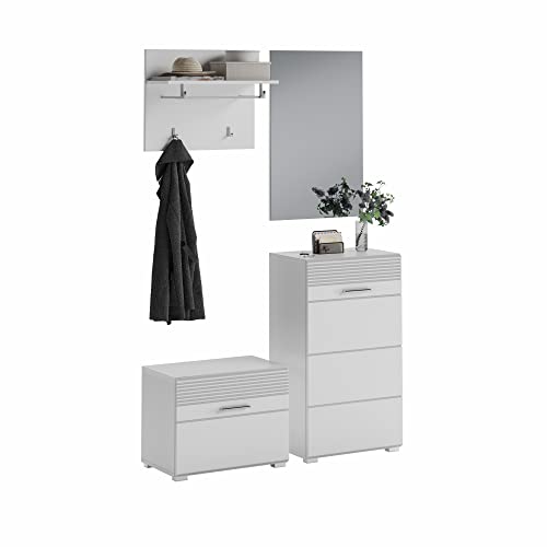 xonox.home Garderobe Linus 4tlg. Set Garderobenkombination Garderobenschrank Garderobenmöbel Flurmöbel-Set Flursystem Stauraumlösung in Front weiß Hochglanz Korpus/Absetzung weiß von xonox.home