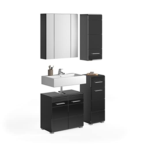 xonox.home Badezimmer Linus 4tlg. Kombination Badmöbel Set kleine Bäder Komplettprogramm Bademöbel-Set in Front schwarz Hochglanz Tiefzieh, Korpus schwarz Nb. von xonox.home
