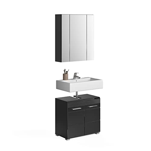 xonox.home Badezimmer Linus 2tlg. Kombination Badmöbel Set kleine Bäder Komplettprogramm Bademöbel-Set in Front schwarz Hochglanz Tiefzieh, Korpus schwarz Nb. von xonox.home