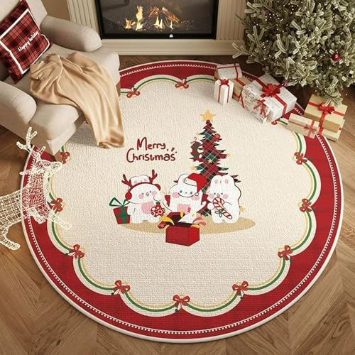 xueneige Frohe Weihnachten Teppich Großer runder Teppich mit Weihnachtsmann- und Weihnachtsbaum-Motiven Geeignet für Wohnzimmer, Schlafzimmer, Festliche Dekoration von xueneige