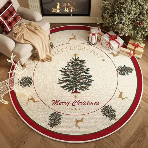 xueneige Frohe Weihnachten Teppich Großer runder Teppich mit Weihnachtsmann- und Weihnachtsbaum-Motiven Geeignet für Wohnzimmer, Schlafzimmer, Festliche Dekoration von xueneige