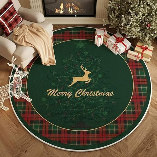 xueneige Frohe Weihnachten Teppich Großer runder Teppich mit Weihnachtsmann- und Weihnachtsbaum-Motiven Geeignet für Wohnzimmer, Schlafzimmer, Festliche Dekoration von xueneige