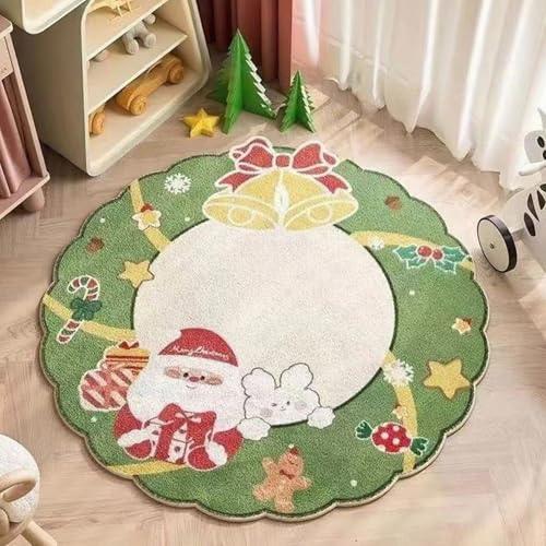 xueneige Frohe Weihnachten Teppich Großer runder Teppich mit Weihnachtsmann- und Weihnachtsbaum-Motiven Geeignet für Wohnzimmer, Schlafzimmer, Festliche Dekoration von xueneige