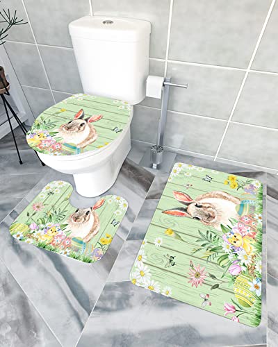 Wc Vorleger Set 3 Teilig Fröhliche Ostern-Bauernhof-Häschen-Bunte Eier-Blumen-Grüne Hölzerne Planke Badteppich-Set 3-Teilig Waschbar U-Förmiger Teppich Weiches Badezimmer Vorleger 3-Teiliges von xujianhuaxuyoubinbaihuodian