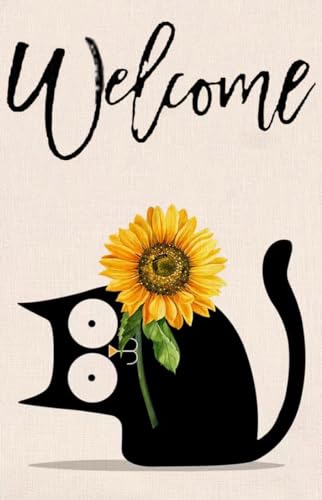 Schwarze Katze, Willkommens-Sommer-Gartenflagge, doppelseitig, 30,5 x 45,7 cm, für Zuhause, Outdoor, Hof, Blumen, Sonnenblumen-Flagge, Dekoration von xuzhiyuan