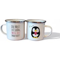 Personalisierte Emaille Tasse Pinguin Mit Spruch "Die Welt Ist Schön, Weil Du Drauf Bist" Valentinstag Geschenk, Geburtstag, Hochzeit von xxxBESONDERSxxx