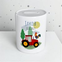 Personalisierte Spardose Traktor - Mit Name & Datum Bedruckt Keramik Sparbüchse Für Kinder Geschenk Zur Geburt, Taufe Oder Geburtstag von xxxBESONDERSxxx