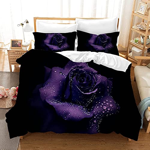 Bettwäsche 135x200 3D Violett Bettwäsche-Sets 3 Teilig Rose Bettbezug Schwarz Weiche Mikrofaser Bettbezüge mit Reißverschluss und 2 Kissenbezug 80x80cm von xzxzdx