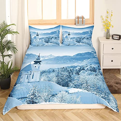 Bettwäsche 135x200 Blaue Winterlandschaft, Weiche und Atmungsaktiv Mikrofaser 3 Teilig Bettbezug Set, Bettbezüge und 2 x Kissenbezug 80x80 cm, mit Reißverschluss von xzxzdx