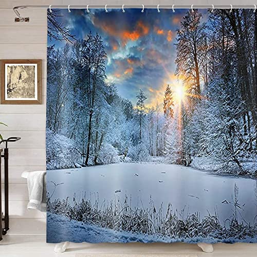 Duschvorhang 120 x 200 Landschaft Duschvorhang Winter Badezimmer Vorhang Schneeszene Antischimmel Wasserdicht Badezimmer Vorhang 3D Effekt Duschvorhänge Polyester Waschbar mit Haken von xzxzdx