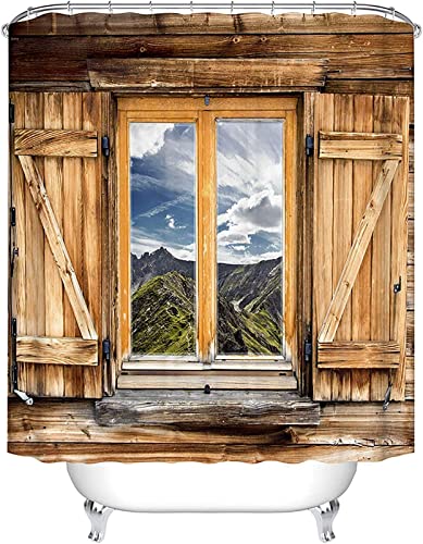 Duschvorhang 200x200 Retro Duschvorhang Fenster Badezimmer Vorhang Holz Antischimmel Wasserdicht Badezimmer Vorhang 3D Effekt Duschvorhänge Polyester Waschbar mit Haken von xzxzdx