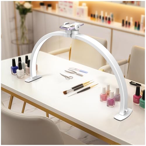 yAyusi Desktop Halbmond Lampe mit Telefonhalter, 74cm Faltbar Nageltisch Lampe, 3 Modi, 10 Helligkeitsstufen Kabelsteuerung Bogen Tischlampe, Geeignet für Schönheit/Maniküre/Tätowieren von yAyusi