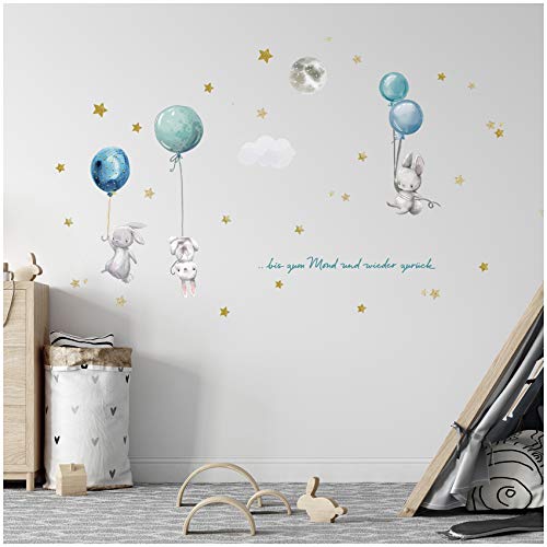 Aufkleber Set Heißluftballon auf 4 Din A4 Bögen Insgesamt 150x55cm Wandtattoo Wandsticker Sticker für Kinder Kinderzimmer Babyzimmer Aquarell Y057-4 (Hasen 2) von yabaduu