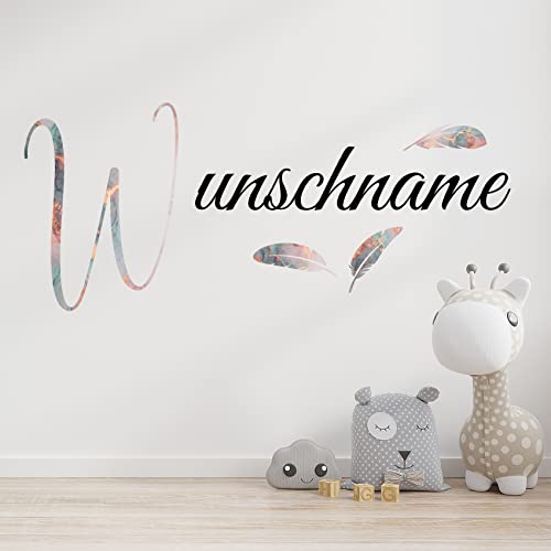 Wandaufkleber Set mit Wunschname Wunschtext Wandtattoo personalisiert mit Name Sterne Feder Blume für Kinderzimmer Wohnzimmer Tür Eingang Flur (04 Marmor rosa) von yabaduu