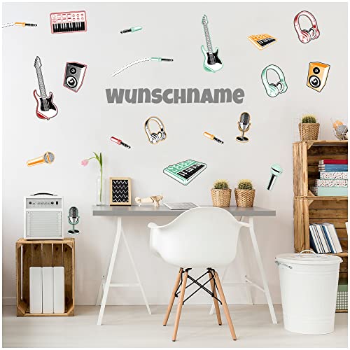 Wandsticker personalisiert mit Name Wandtattoo für Jugendzimmer Kinderzimmer Wohnzimmer Wandbild Mädchen Junge Teenager selbstklebend Y065 (Mit Wunschname, 09 Musik 2) von yabaduu