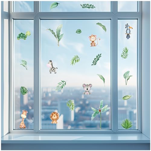 Yabaduu Fensterbilder 3x DIN A4 Bögen Fensterfolie Sticker für Kinder Badezimmer Kinderzimmer Wohnzimmer Aufkleber Fensteraufkleber wasserfest Y076 (02 Dschungeltiere) von yabaduu