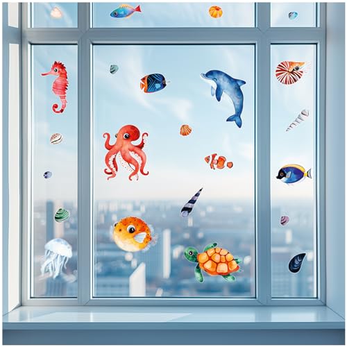 Yabaduu Fensterbilder 3x DIN A4 Bögen Fensterfolie Sticker für Kinder Badezimmer Kinderzimmer Wohnzimmer Aufkleber Fensteraufkleber wasserfest Y076 (03 Meerestiere) von yabaduu