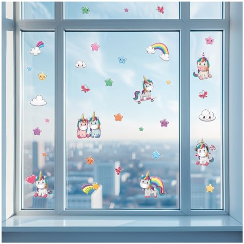 Yabaduu Fensterbilder 3x DIN A4 Bögen Fensterfolie Sticker für Kinder Badezimmer Kinderzimmer Wohnzimmer Aufkleber Fensteraufkleber wasserfest Y076 (08 Einhörner) von yabaduu
