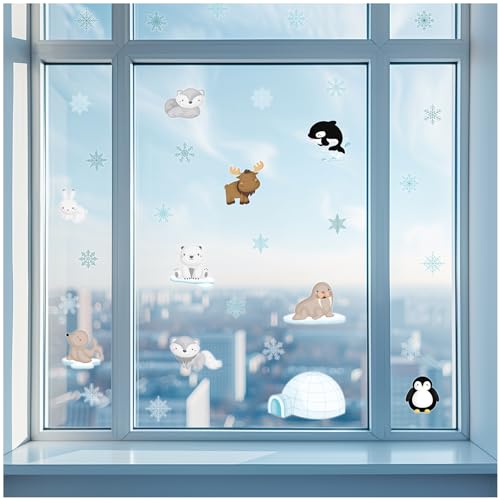 Yabaduu Fensterbilder 3x DIN A4 Bögen Fensterfolie Sticker für Kinder Badezimmer Kinderzimmer Wohnzimmer Aufkleber Fensteraufkleber wasserfest Y076 (12 Arktistiere) von yabaduu