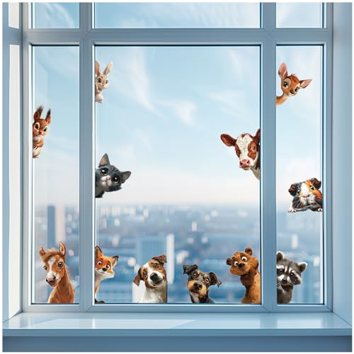 Yabaduu Fensterbilder 3x DIN A4 Bögen Fensterfolie Sticker für Kinder Badezimmer Kinderzimmer Wohnzimmer Aufkleber Fensteraufkleber wasserfest Y076 (19 Peeking Animals) von yabaduu