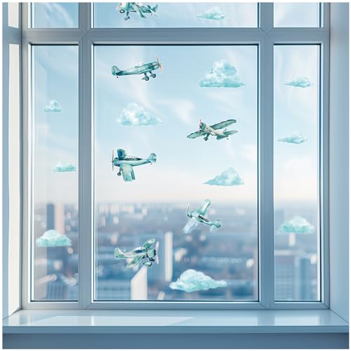 Yabaduu Fensterbilder 3x DIN A4 Bögen Fensterfolie Sticker für Kinder Badezimmer Kinderzimmer Wohnzimmer Aufkleber Fensteraufkleber wasserfest Y076 (20 Flugzeuge) von yabaduu