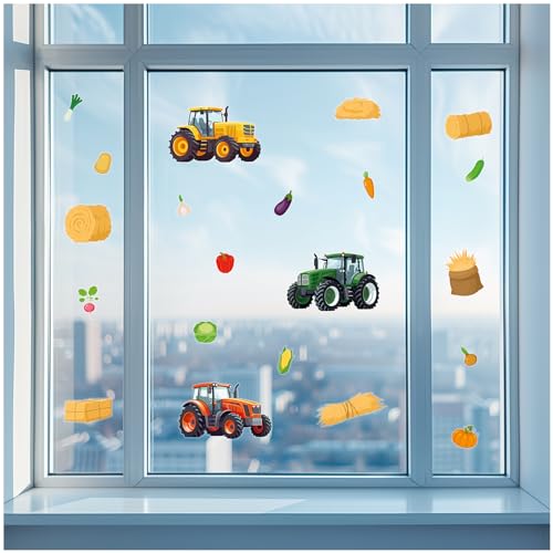 Yabaduu Fensterbilder 3X DIN A4 Bögen Fensterfolie Sticker für Kinder Badezimmer Kinderzimmer Wohnzimmer Aufkleber Fensteraufkleber wasserfest Y076 (22 Traktor) von yabaduu