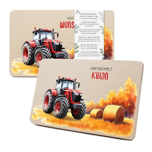 Yabaduu Individuelles Holzbrett für Kinder 23,5x15cm Frühstücksbrettchen Brotzeitbrett personalisiert aus Holz Tier-Motiv als Geschenk Geburtstag Kind RV007 (26 Traktor rot, Mit Wunschname) von yabaduu