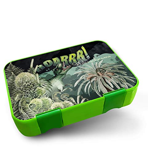 yabaduu Design Schutzfolie für Brotzeitbox Schmatzfatz Junior Passgenau 20,45x14cm Personalisiert Kinder Lunchboxsticker Aufkleber Matt Sticker Zubehör Lunchbox (Y047-01 Dino, Mit Wunschname) von yabaduu