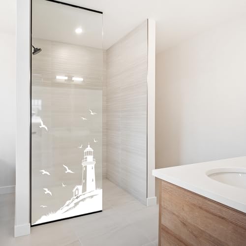 yabaduu Sichtschutzfolie für Duschkabine Duschglastüre Fensterfolie Blickdicht Milchglasfolie wasserfest Deko Klebefolie Badezimmer Dusche selbstklebend YX001 (08 Leuchtturm Weiß, 80 x 120cm) von yabaduu
