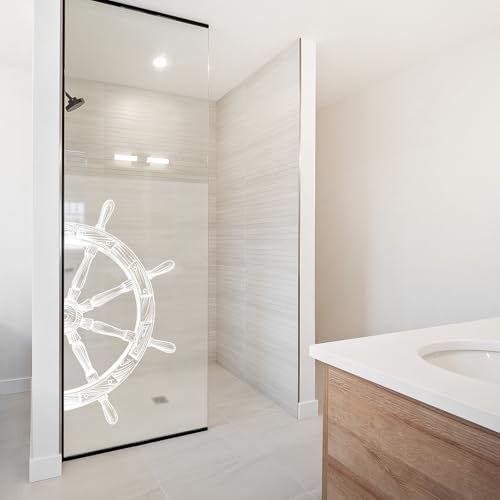 yabaduu Sichtschutzfolie für Duschkabine Duschglastüre Fensterfolie Blickdicht Milchglasfolie wasserfest Deko Klebefolie Badezimmer Dusche selbstklebend YX001 (13 Steuerrad Weiß, 80 x 120cm) von yabaduu