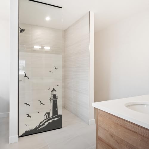 yabaduu Sichtschutzfolie für Duschkabine Duschglastüre Fensterfolie Blickdicht Milchglasfolie wasserfest Deko Klebefolie Badezimmer Dusche selbstklebend YX001 (08 Leuchtturm Schwarz, 60 x 90cm) von yabaduu